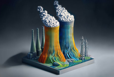 Industrial plant with chimneys and smoke. 3D illustration.の素材