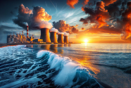 Nuclear power plant in the sea at sunset. Global warming conceptの素材