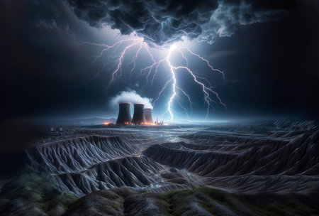 Nuclear power plant in the desert with lightning. 3D renderingの素材