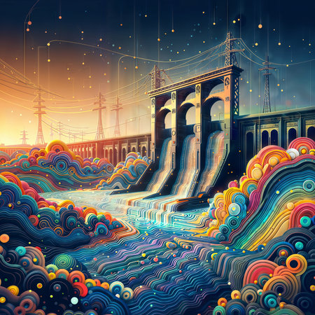 illustration of the bridge on the background of the night city.の素材