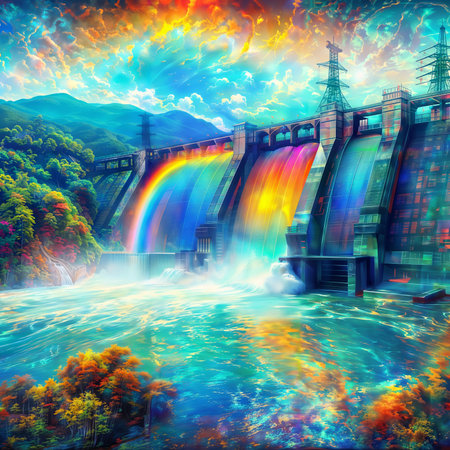 Hydroelectric power station with a rainbow on the background of the mountainsの素材