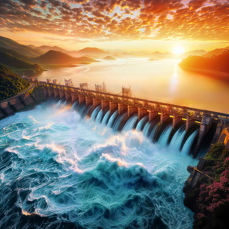Dam of hydroelectric power station at sunset. Beautiful nature landscape.の素材