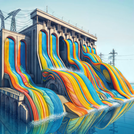 Hydroelectric power station in the city. Colorful illustration.の素材