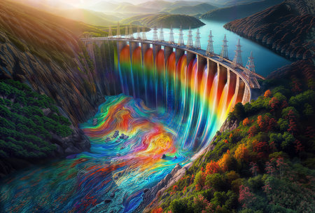 Hydroelectric power station on the background of a beautiful landscape.の素材