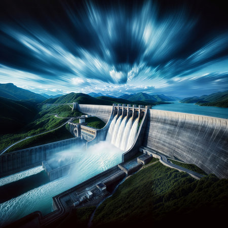 Landscape of hydroelectric power station with blue sky and clouds.の素材