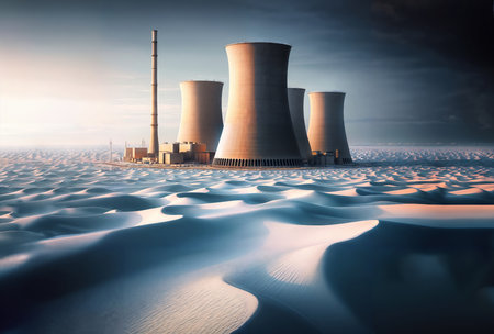 Nuclear power plant in the desert. 3D rendered illustration.の素材