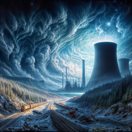 Nuclear power plant in the winter. 3D rendering, illustrationの素材