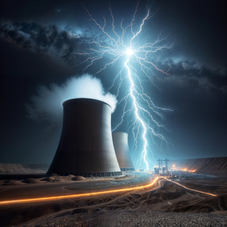 Nuclear power plant with lightning in the night. 3d renderingの素材