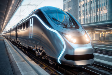 Modern high-speed hydrogen train in the city at sunset. 3D renderingの素材