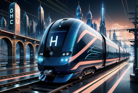 Modern high speed hydrogen train on the modern city background. 3D renderingの素材