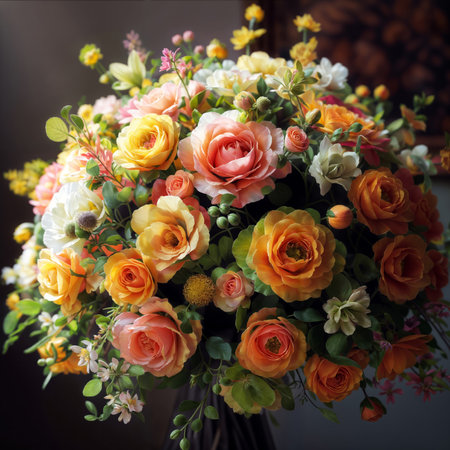 Bouquet of orange and pink roses on a dark background.の素材