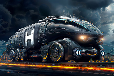 Futuristic hydrogen car on the road with lights effects. 3d renderingの素材