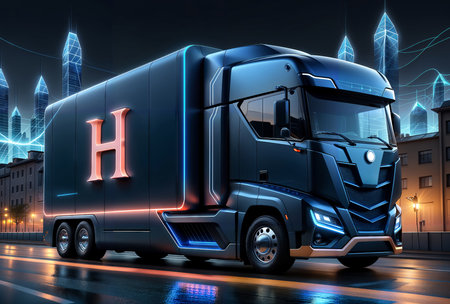 Modern black truck with letter H on the side of the road. 3D renderingの素材