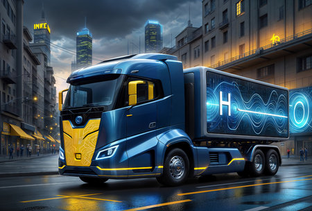Hydrogen truck parked on the street, surrounded by a cityscape. 3D visualization.の素材