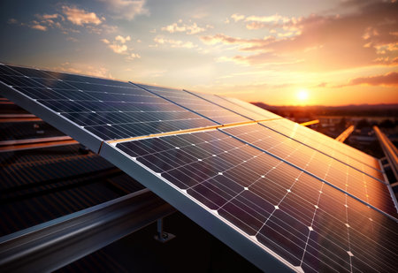 Solar panels on the roof of a house in the countryside at sunsetの素材