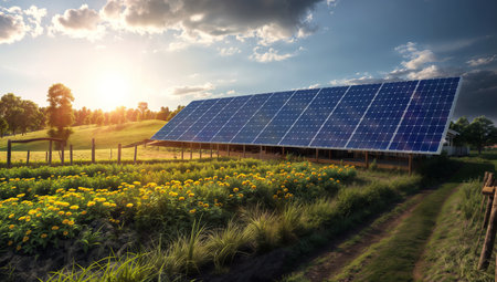 solar energy panels in field with sunflowers at sunset.の素材