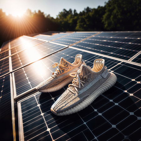 Sneakers on solar panels. The concept of clean energy.の素材