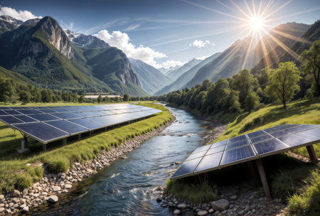 Solar panels in the mountains. Alternative energy source. Green energy conceptの素材