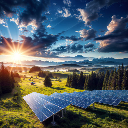 Solar panels on the meadow in the Carpathian mountains.の素材