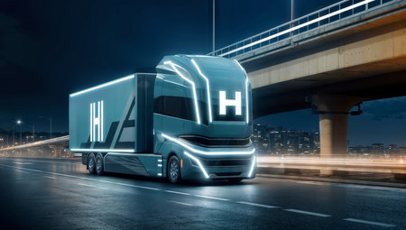 Hydrogen truck on the road. Highly renderingの素材