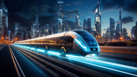 High-speed train on the road with motion blur and cityscape backgroundの素材