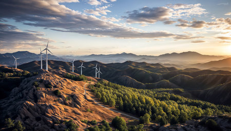 Wind turbines in the mountains at sunset, alternative energy and environmental conservationの素材