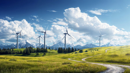 Wind turbines on a green meadow with mountains in the background.の素材