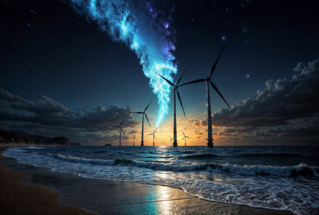 Wind turbines on the beach at night with beautiful starry sky.の素材