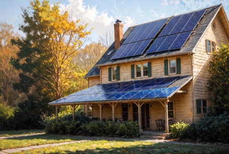 Solar panels installed on the roof of a wooden house. Alternative energy source.の素材