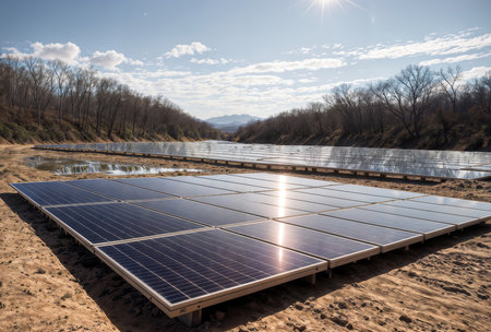 solar energy panels on a field with blue sky in the backgroundの素材