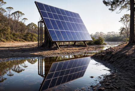 solar energy panels in the countryside of Australia by the riverの素材