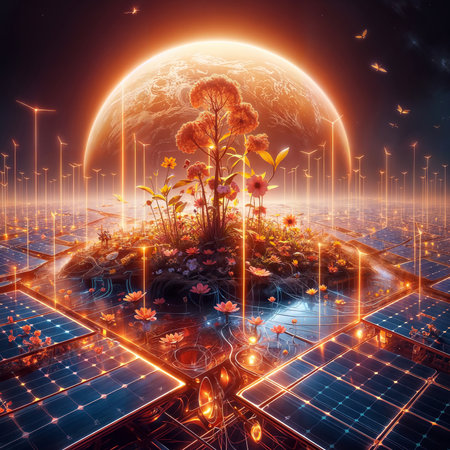 Solar panels against the background of the planet Earth. 3D renderingの素材