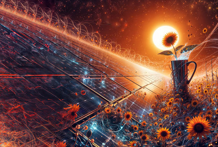 Solar panels and sunflower in abstract space. 3D illustration.の素材