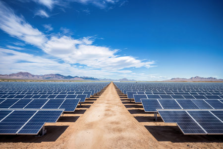 solar energy panels in the desert, photo as a background, digital imageの素材