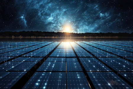 Solar energy panels against the background of the starry sky. 3d renderingの素材