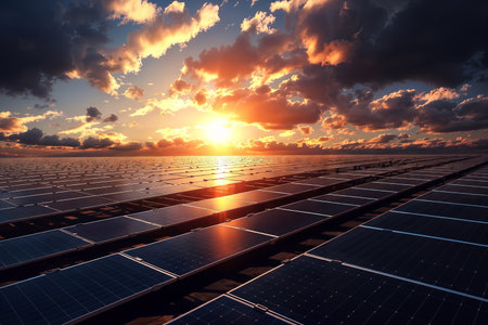 Solar panels at sunset, photovoltaic modules for innovation green energyの素材