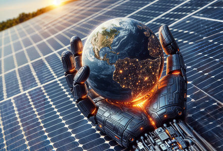 3D rendering of a robot holding the earth on a solar panel backgroundの素材