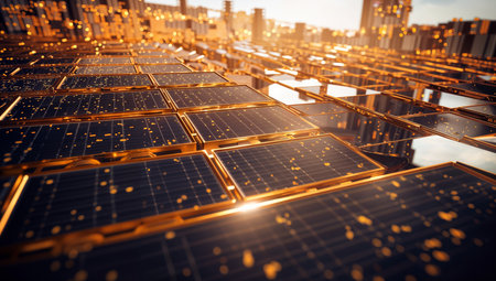 Solar panels in the city. 3d rendering image double exposure.の素材