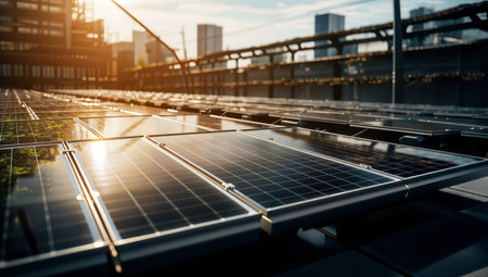 Foto de Solar panels installed on the roof of a building in the city. - Imagen libre de derechos