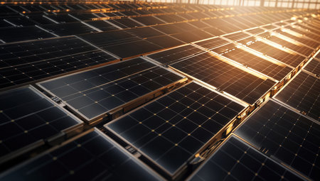 solar energy panels in a solar power plant. 3d renderingの素材