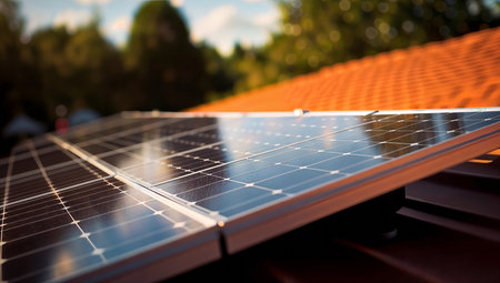Solar panels installed on the roof of a house. Alternative energy source.の素材
