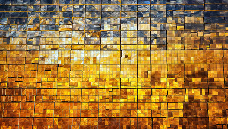 abstract mosaic background of golden and blue glass tiles with reflection.の素材