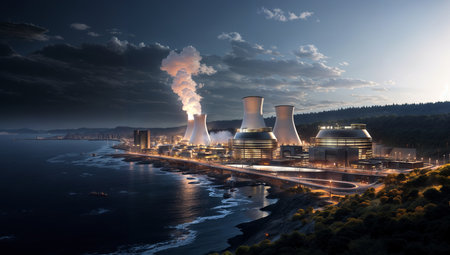 Power plant in the night. The concept of environmental pollution. 3d renderingの素材