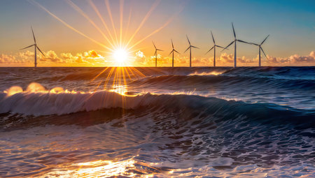Wind turbines at sunset on the Baltic Sea, Poland. Nature backgroundの素材