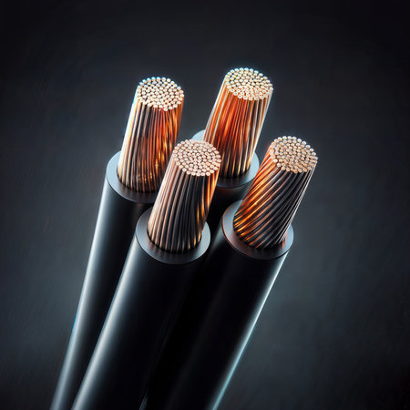 Copper electric cable close-up on a black background. 3d renderingの素材