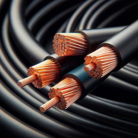 Electrical cable with copper wire on black background, close-upの素材