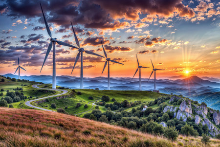 Beautiful landscape with wind turbines on the hillside in the mountains at sunsetの素材