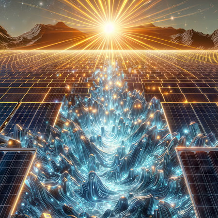 solar energy panel with sun rays and mountains in the background, 3d illustrationの素材