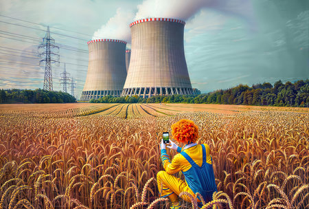 Nuclear power plant in Poland. Woman photographer with camera taking photoの素材