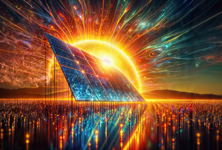 Solar panel against the sun on the background of the planet. 3d renderingの素材